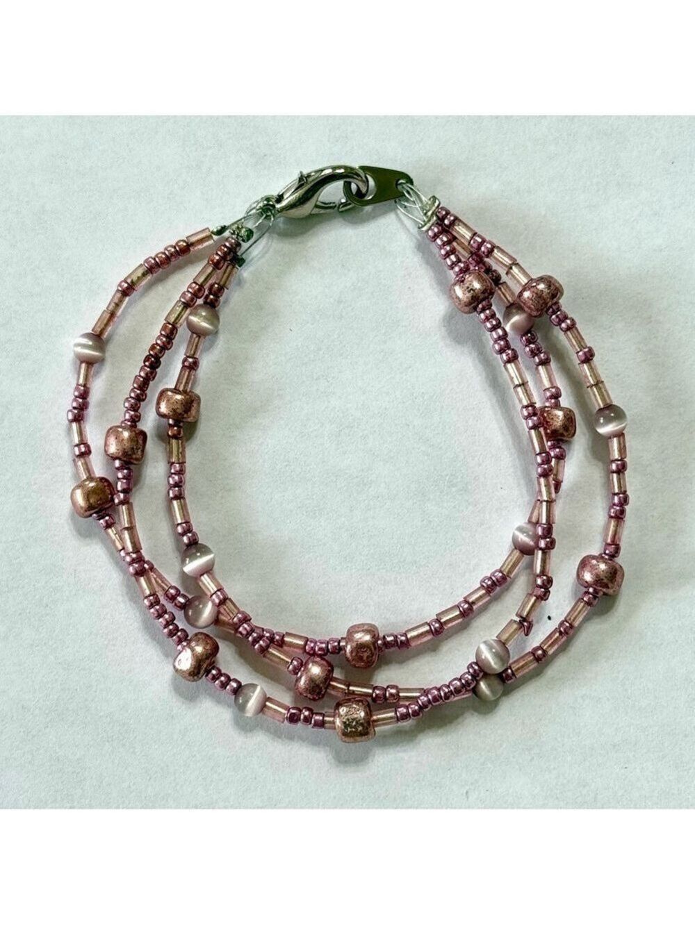 Handmade 3 Strand Pink Beaded Bracelet 7 Inches New